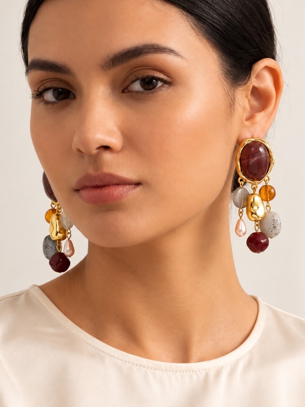 Gold Multi-Stone Drop Earrings in Burgundy and Amber